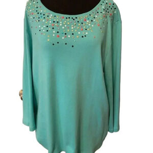 Rafaella Green Knit Top w/ Colored Studs on Chest area Long Sleeves _ size XXL